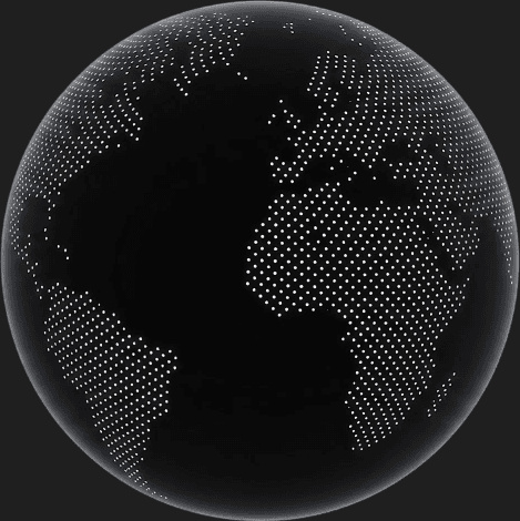 A globe with the world's landmasses picked out in light